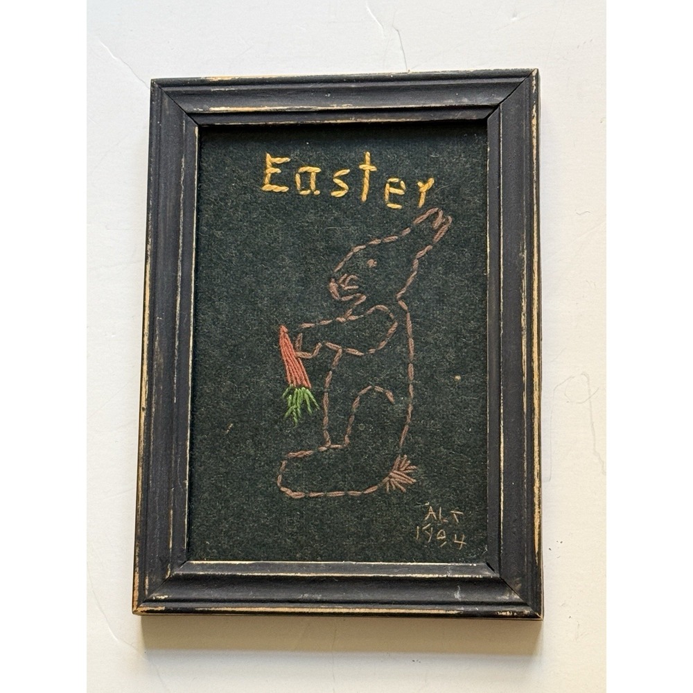 VTG Folk Art Easter Primitive Style Needlepoint Wool Bunny Rabbit 1994 Framed
